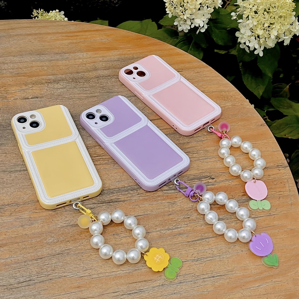 Ốp Điện Thoại tpu Silicon Mềm Màu Kẹo Có Ngăn Đựng Thẻ Và Dây Đeo Ngọc Trai Cho iPhone 14 13 12 11 PRO MAX