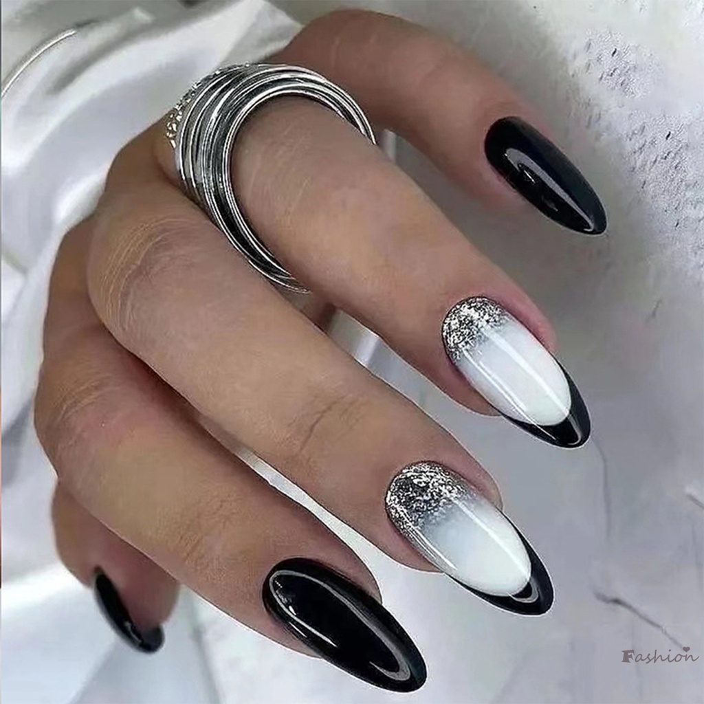 Móng Tay Giả Màu Trắng Đen Sáng Bóng Tái Sử Dụng Không Dễ Phai Và Gãy Móng