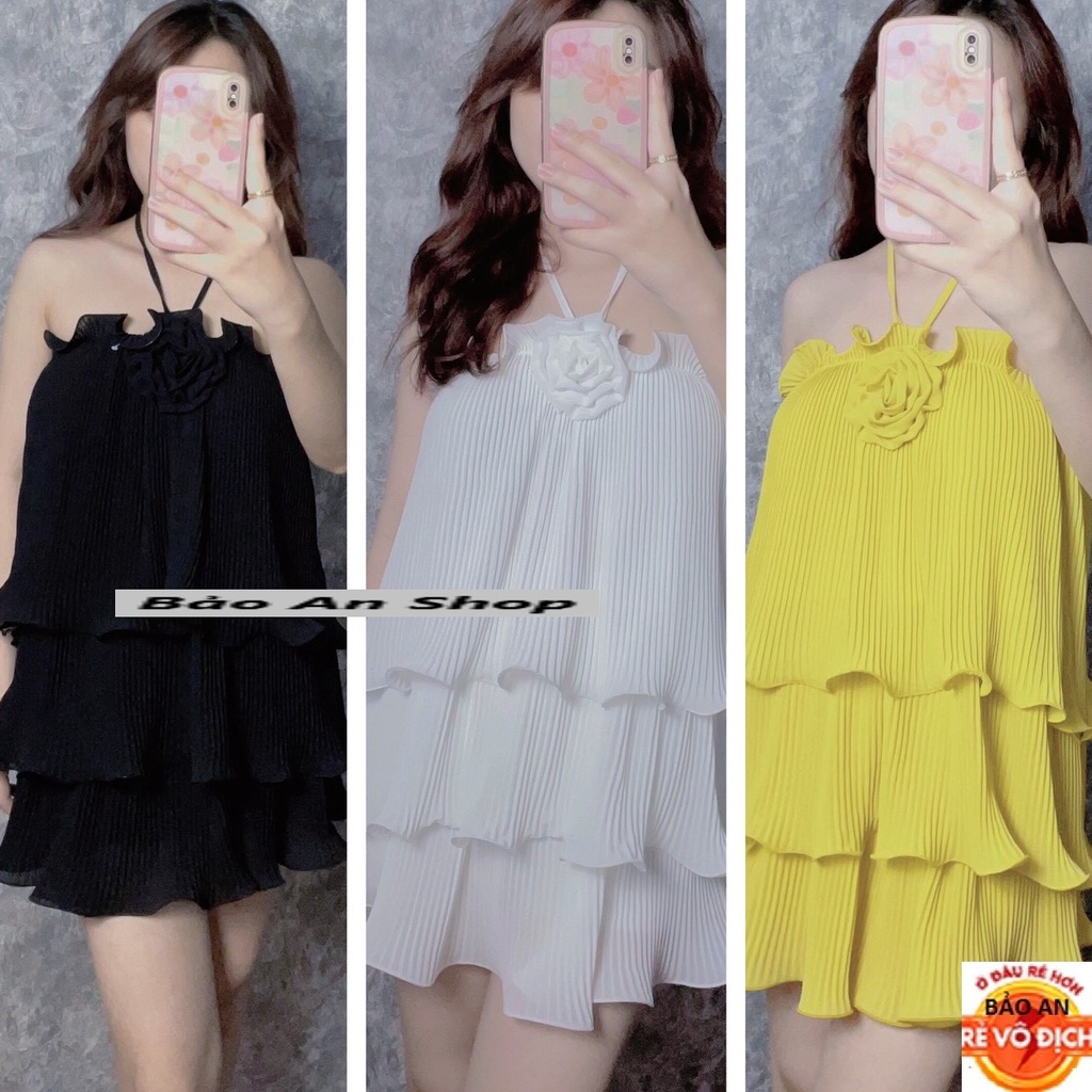 Sét bộ nữ 2 món áo dây cổ yếm trễ vai phối kiểu tầng kèm quần đùi lưng thun chất vải Voan dày dặn FreeSize