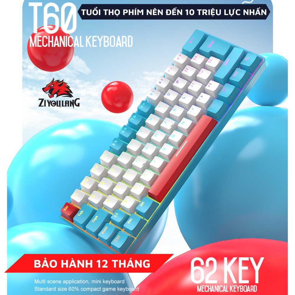 Bàn phím cơ T60 RED, BLUE SWITCH ZIYOULANG kết nối Type-C bàn phím chơi game 62 phím 18 chế độ led Rainbow, bh 12 tháng