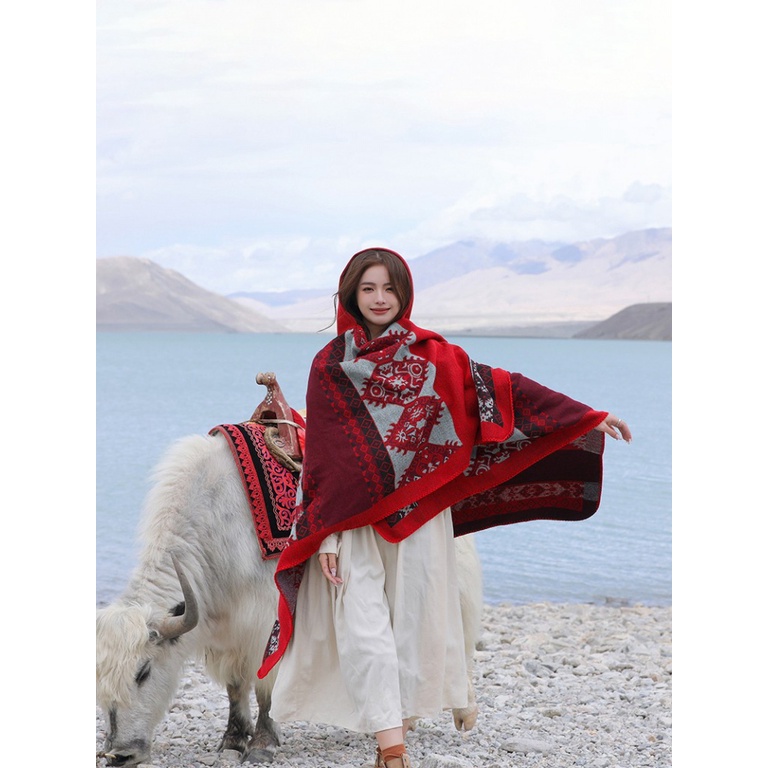 Yunnnan Áo Choàng Có Mũ Trùm Đầu Phong Cách Dân Tộc Retro Nhiều Màu Sắc Ấm Áp Mùa Thu Đông Xinjiang