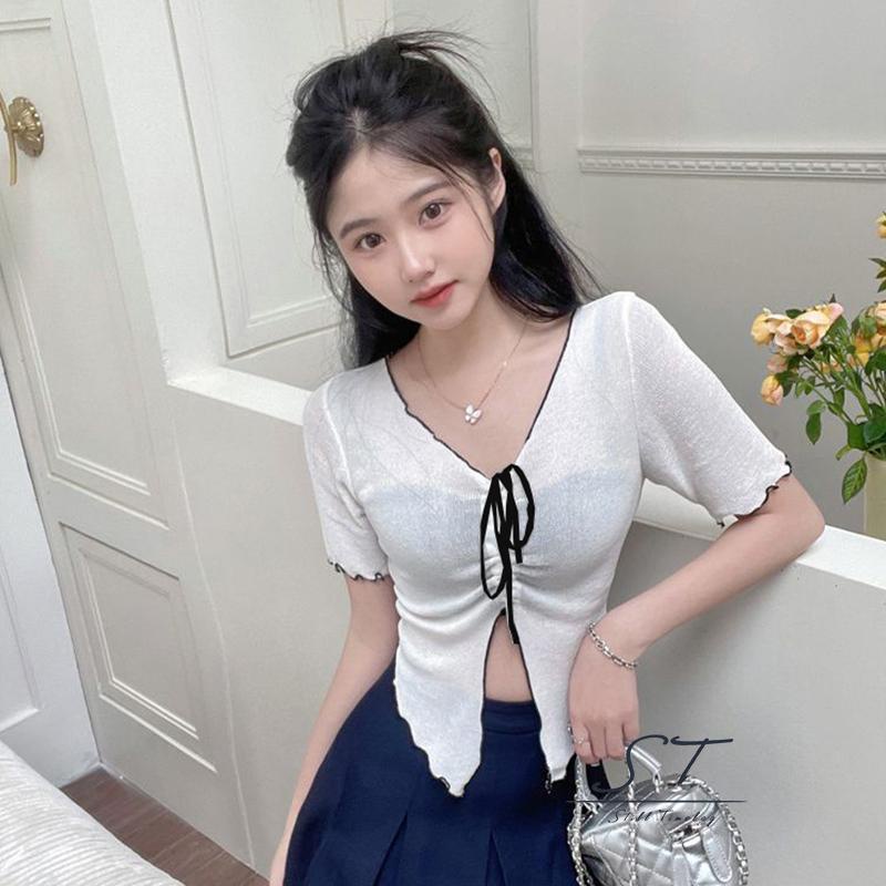 Áo Thun Tay Ngắn Cổ Chữ V Phối Dây Rút Thời Trang CY03 Cho Nữ