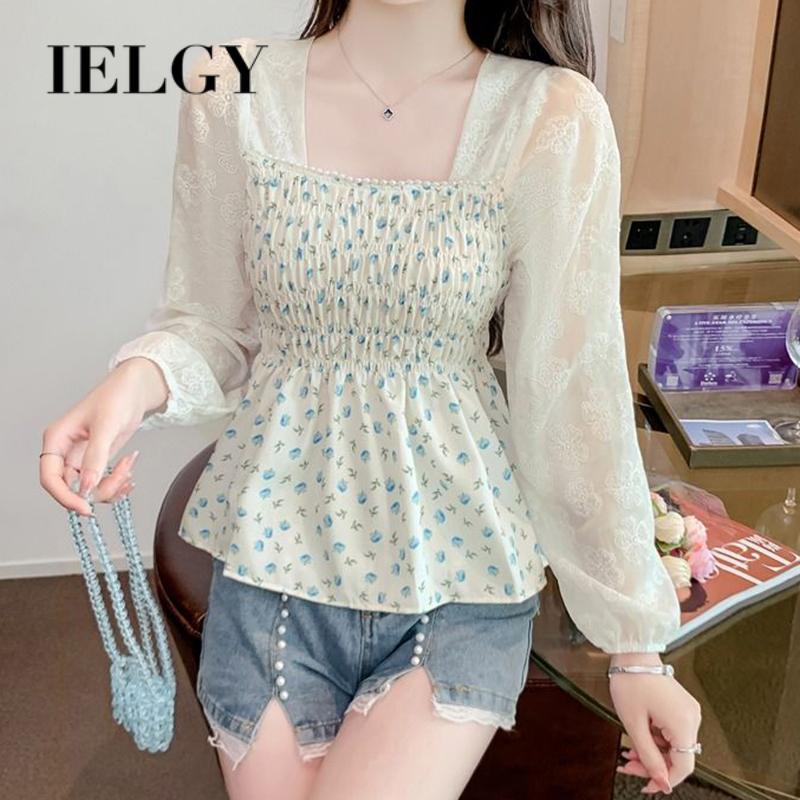 IELGY   Áo Sơ Mi Dài Tay Cổ Vuông Họa Tiết Hoa Phong Cách Pháp Thời Trang Cho Nữ
