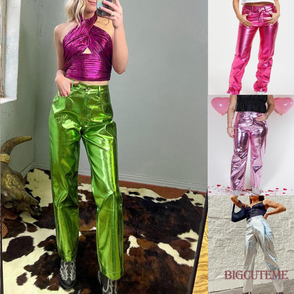 Quần Da PU Có Khóa Kéo Và Nút Kim Loại Phong Cách Đường Phố Cá Tính Cho Nữ