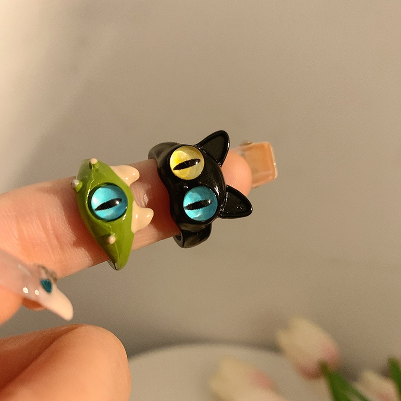 Nhẫn Hở Hình Mèo Mắt To Màu Đen Dễ Thương Có Thể Điều Chỉnh