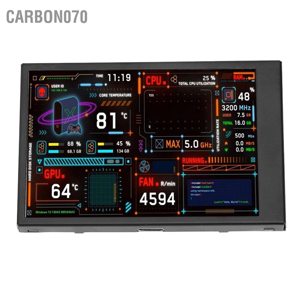 Carbon070 Màn hình nhiệt độ máy tính 3.5in Cổng USB kép hiển thị nhỏ IPS dữ liệu CPU với Trình chỉnh sửa chủ đề trực quan cho GPU RAM HDD