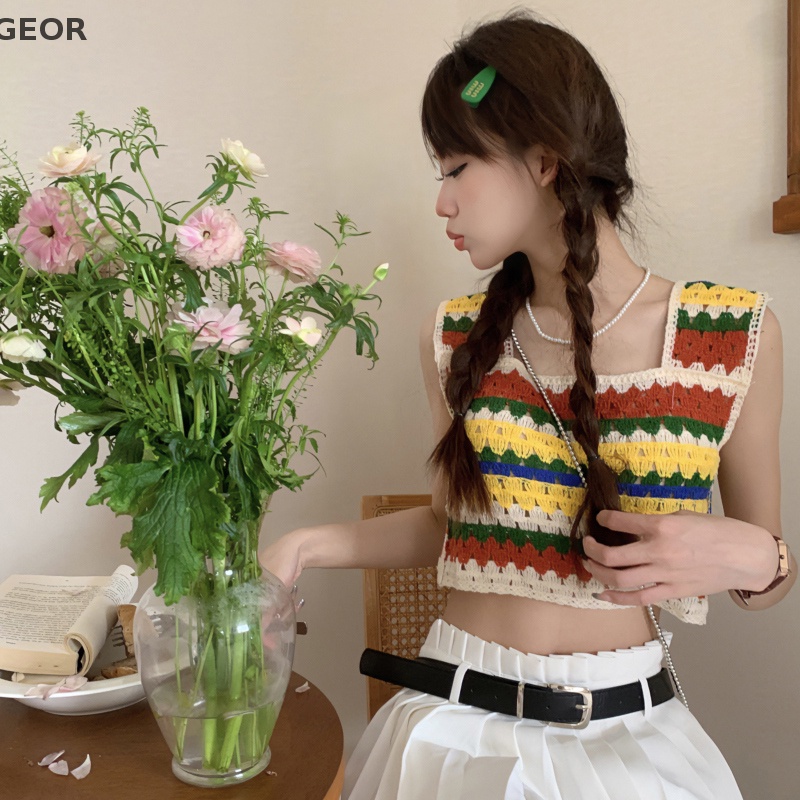 Geor Áo Dệt Kim Không Tay Thêu Họa Tiết Kẻ Sọc Rỗng vintage Mùa Hè Cho Nữ vn