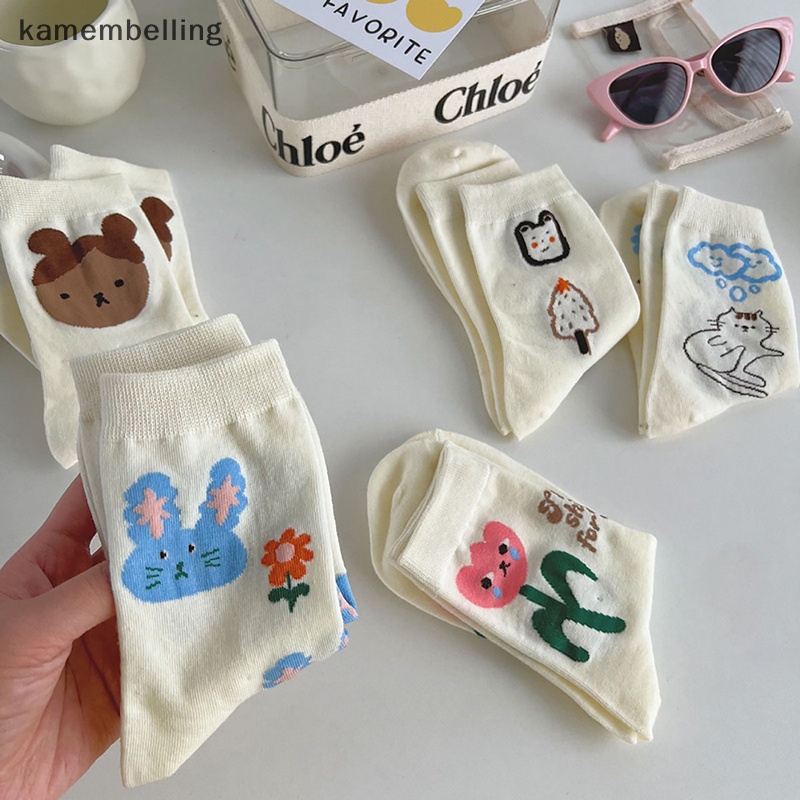 1 Đôi Tất Cotton Thoáng Khí In Hình Hoa Và Mèo Graffiti Dễ Thương Cho Nữ