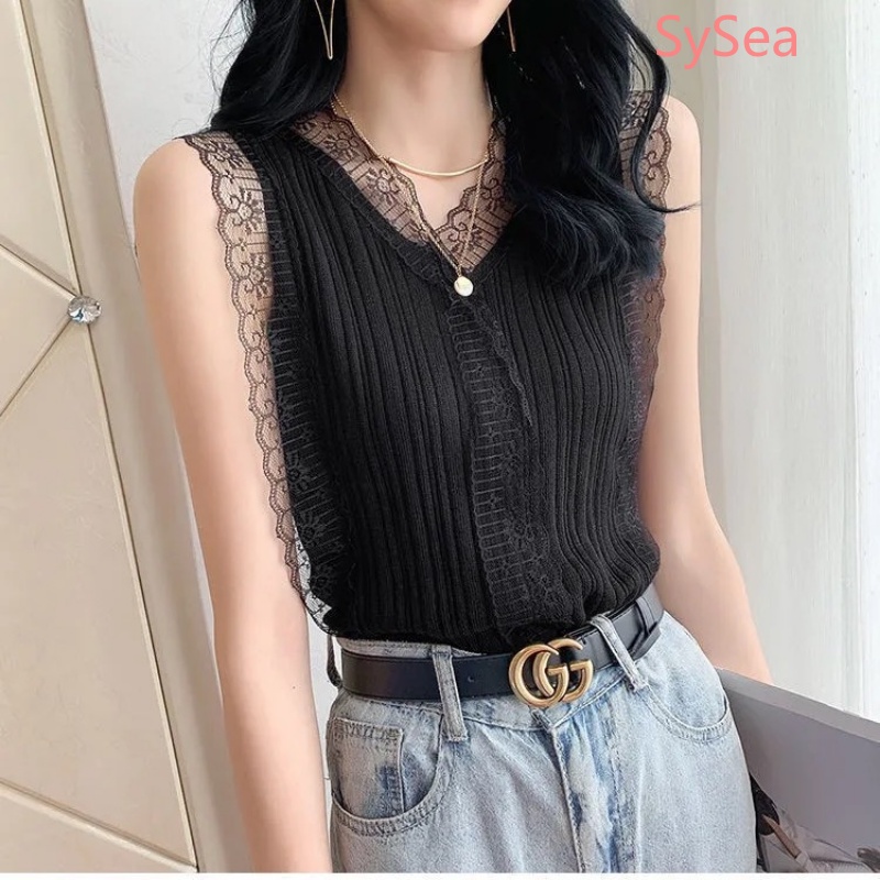 Áo Hai Dây Dệt Kim Dáng Rộng Cổ Chữ V Phối Ren Quyến Rũ Cho Nữ