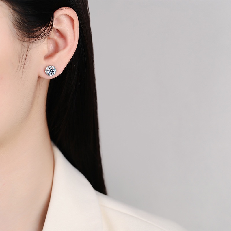 Moissanite 6.5mm Bông Tai S925 bạc mạ bạch kim D màu Mosanshi có thể được phát hiện bằng bút kim cương với chứng chỉ GRA Bông tai tròn