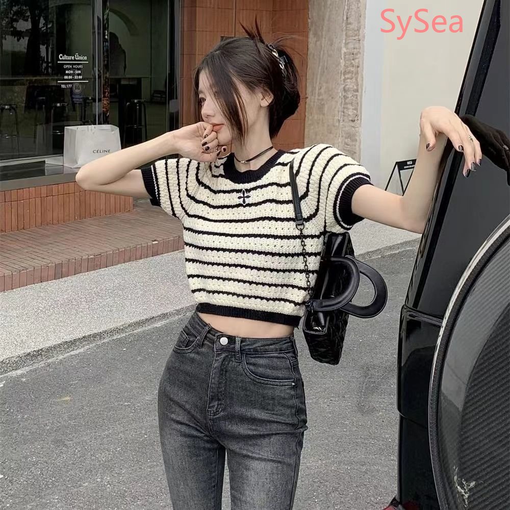 Áo Dệt Kim Kẻ Sọc Cổ Tròn Thời Trang Mùa Hè Cho Nữ