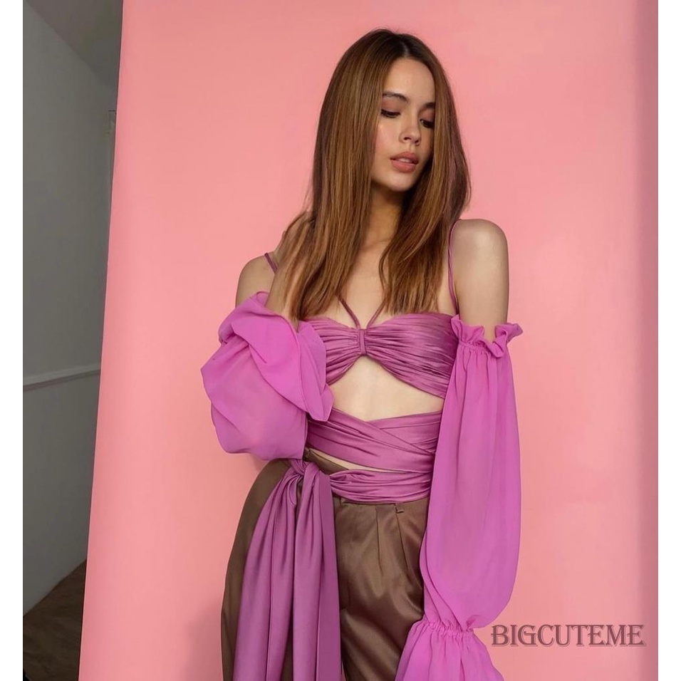 Áo Hai Dây Màu Trơn Tay Dài Dây Chéo Thời Trang Cho Nữ