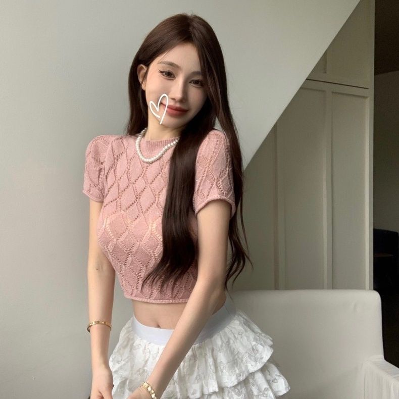 Áo Croptop Dệt Kim Tay Ngắn Hở Lưng Thời Trang Mùa Hè Hàn Quốc Cho Nữ