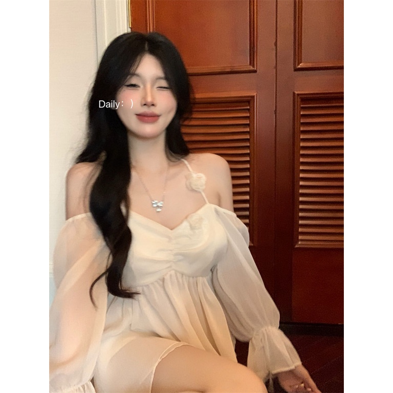 Áo Sơ Mi Chiffon Trễ Vai Phối Bèo Phong Cách Pháp