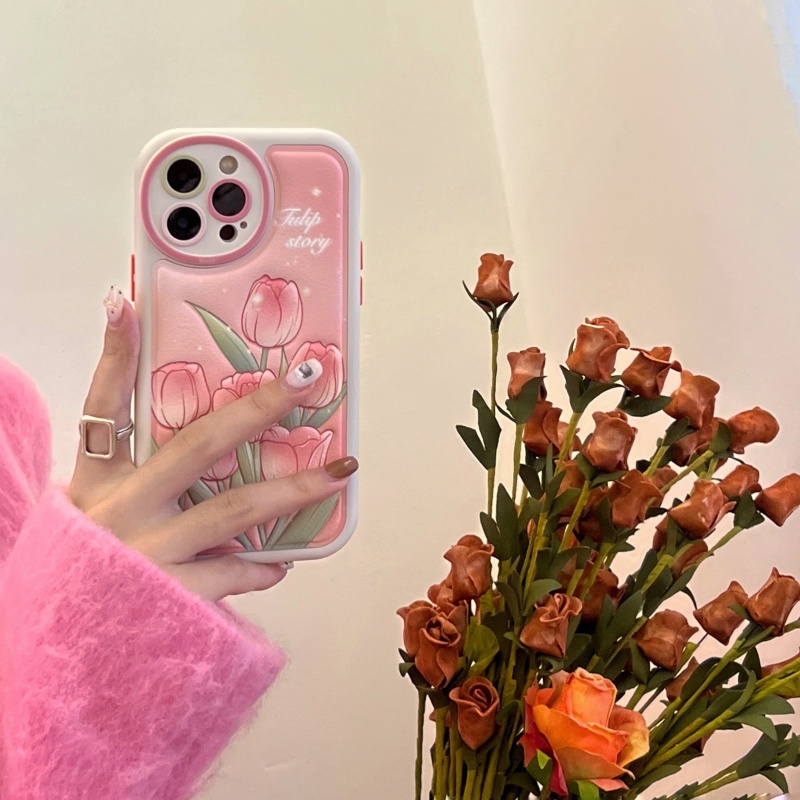 Ốp Điện Thoại Da Silicon Mềm Chống Sốc Phối Lỗ Tròn Hình Hoa Tulip Cho iPhone 14 13 12 11 Pro Max 14 Plus