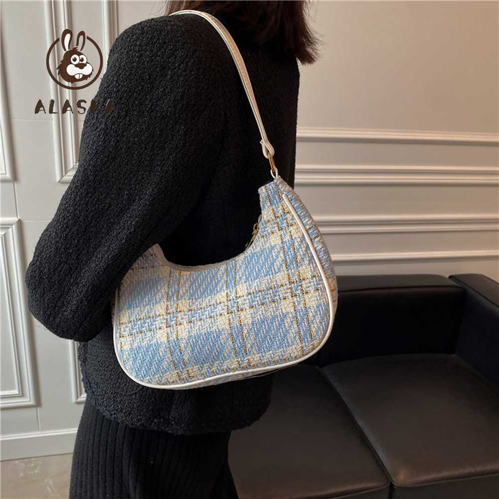 Túi Xách Vải Canvas Phối Da In Họa Tiết Kẻ Sọc Thời Trang Mùa Đông Cho Nữ