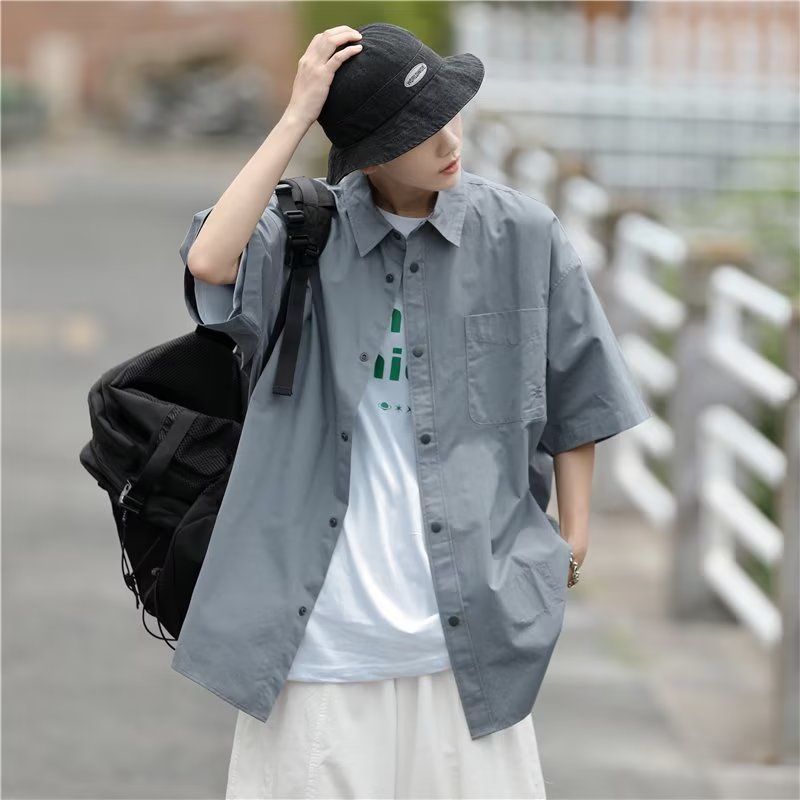 Áo Sơ Mi Ngắn Tay Dáng Rộng Màu Trơn Thời Trang Mùa Hè Hàn Quốc Giản Dị Dành Cho Nam