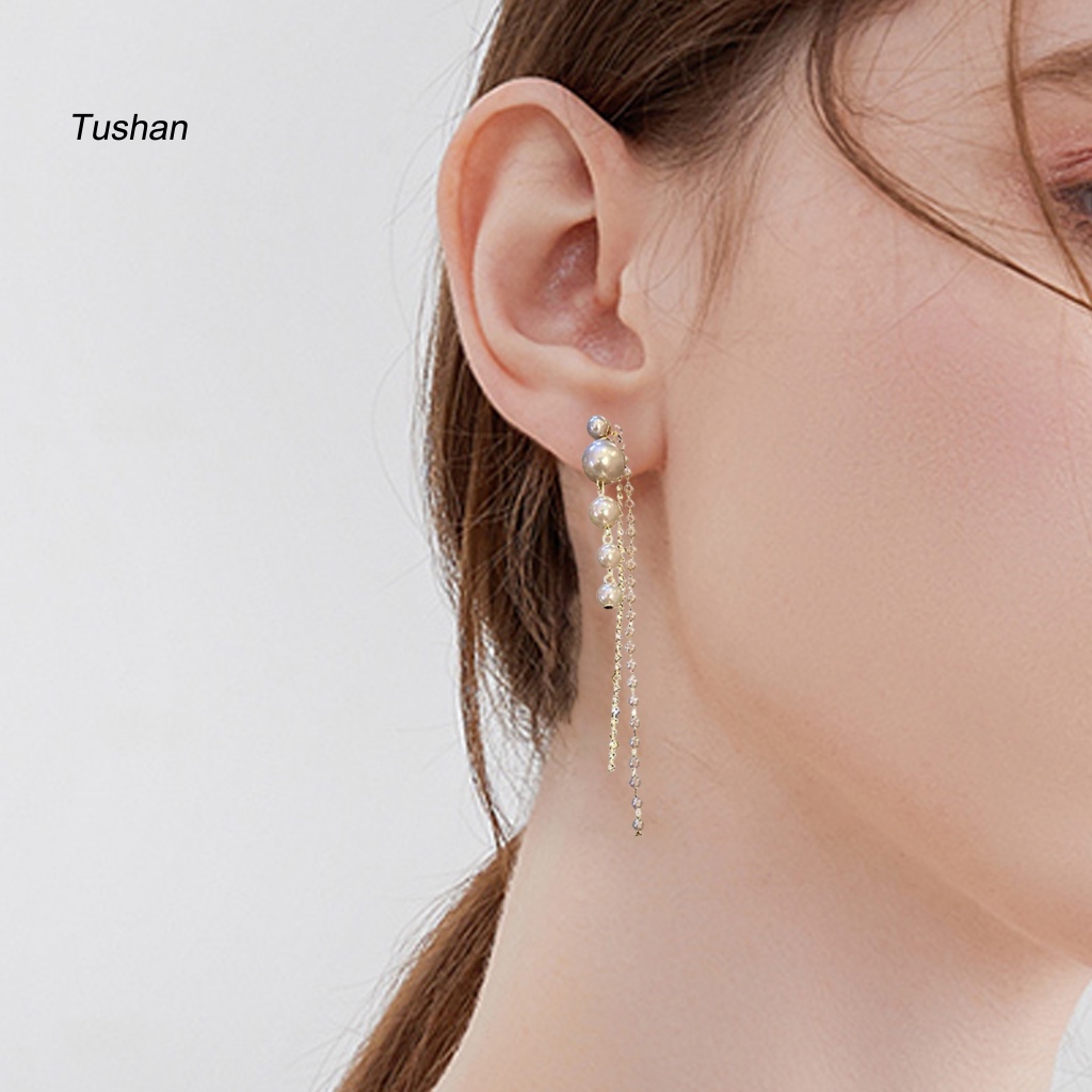 1 Cặp Bông Tai Tua Rua Dài Đính Ngọc Trai Giả Lấp Lánh