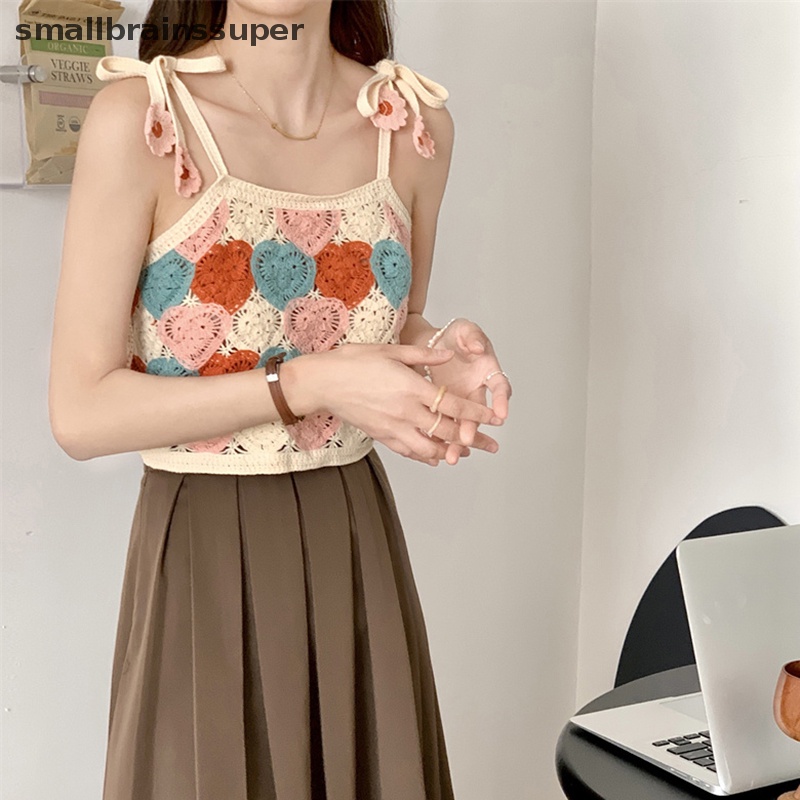 Áo Dệt Kim Hai Dây Thêu Trái Tim Khoét Rỗng Phong Cách Dân Tộc Ngọt Ngào SBS Cho Nữ