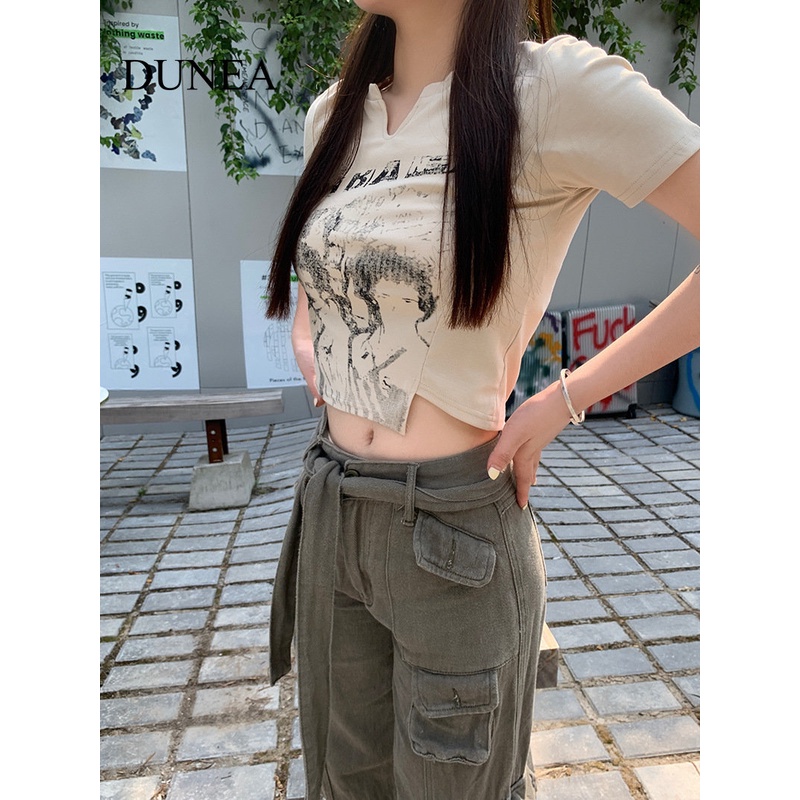 DUNEA Áo Thun Tay Ngắn Thiết Kế Độc Đáo Phong Cách Mỹ Cổ Điển Thời Trang Cho Nữ