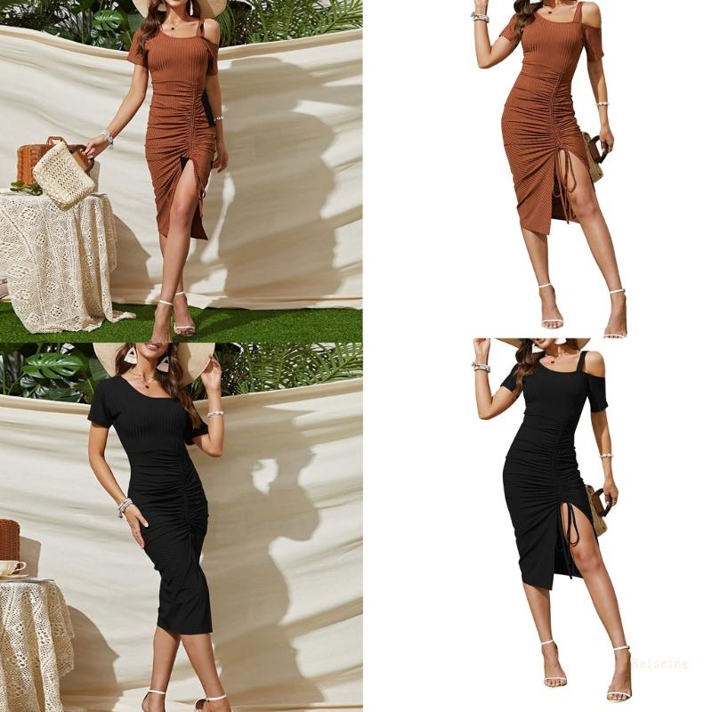 Đầm Ôm Dáng Dây Rút Hở Vai Xẻ Tà Có Cổ Chéo Thời Trang Mùa Hè Cho Nữ
