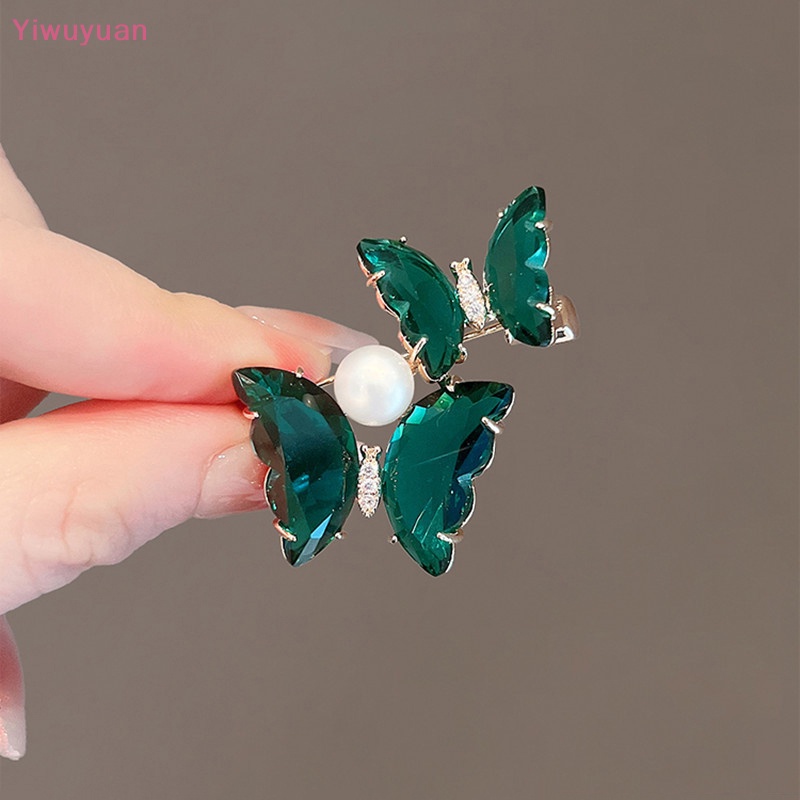 < Yiwuyuan > Trâm Cài Áo Hình Bướm Đôi Pha Lê Xanh Lá Thời Trang Phụ Kiện Hóa Trang Dành Cho