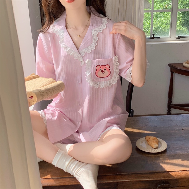 Bộ Đồ Ngủ Chất Liệu Cotton Phối Ren Thêu Họa Tiết Hoạt Hình Phong Cách Hàn Quốc Thời Trang Mùa Hè Cho Nữ