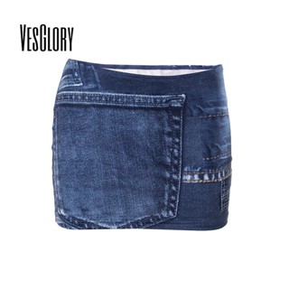 Chân váy jean ngắn VESGLORY cạp thấp ôm dáng họa tiết thời trang 2023 cho nữ