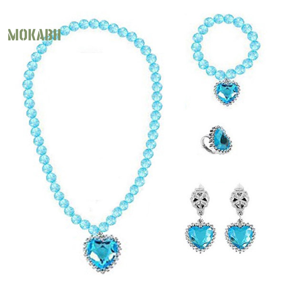 [Mới] 1 Bộ Vòng cổ, Bông Tai, Nhẫn, Vòng Tay Hình Trái Tim Đính Đá Nhiều Màu Cho Bé Gái