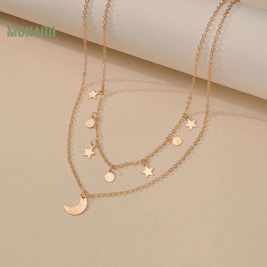 [Mới] Vòng cổ Hai Lớp Mặt Hình Ngôi Sao Mặt Trăng Bằng Kim Loại Có Thể Điều Chỉnh Không Gây Dị Ứng