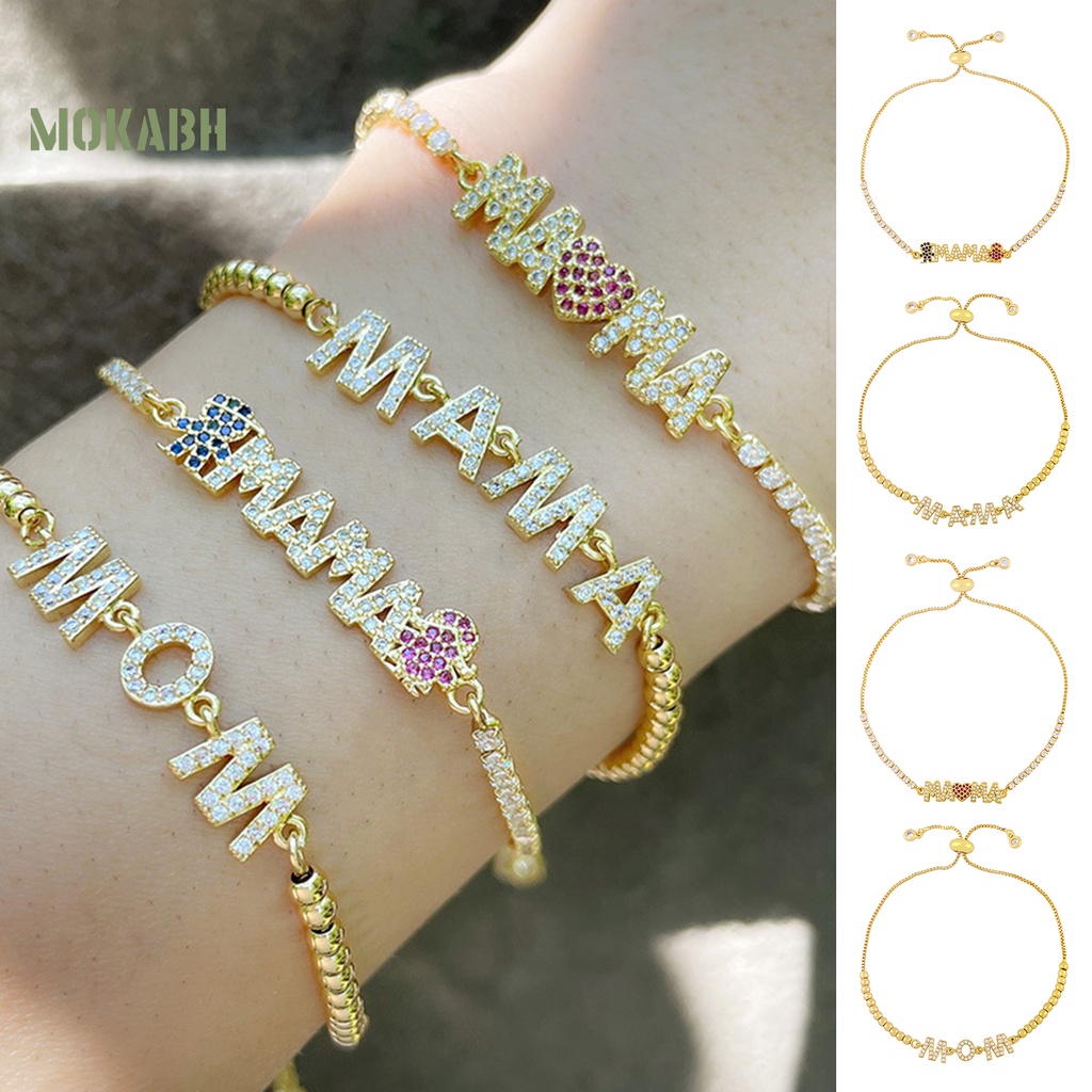 [Mới] Vòng Đeo Tay Mặt Chữ MAMA Đính Đá Zircon Có Thể Điều Chỉnh Trang Trí Cá Nhân Hóa Trang Sức Làm Việc Tốt Mặt Dây Chuyền Quà Sinh Nhật