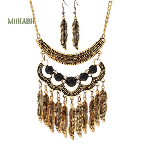 Bộ Trang Sức Gồm Dây Chuyền / Bông Tai / Vòng Cổ Hình Chiếc Lá Phối Tua Rua Phong Cách Vintage Cho Nữ