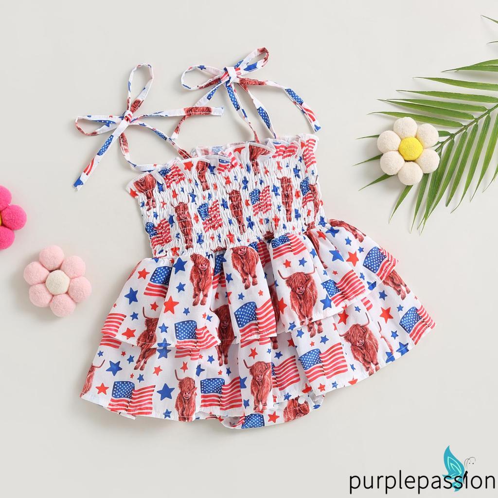 Áo Liền Quần Màu Tím 1My Ngày Độc Lập Họa Tiết Hoa / Đầu Bò Có Dây Đeo Cho Bé Gái Sơ Sinh