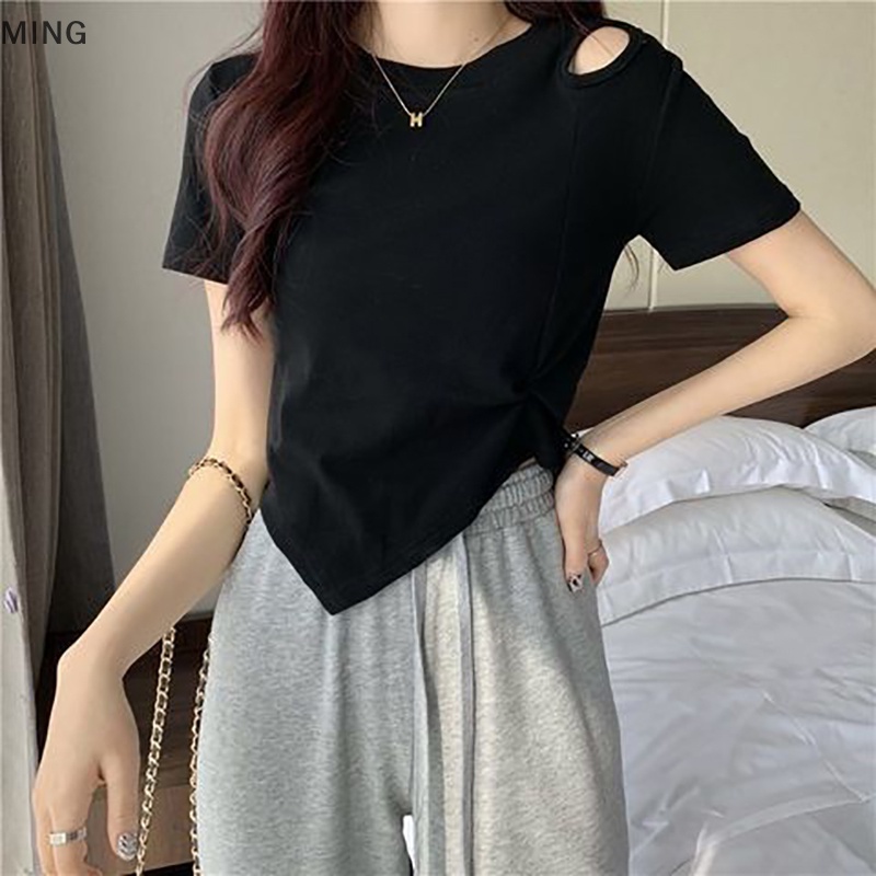 Áo Thun Crop Top Tay Ngắn Cổ Tròn Màu Trơn Thiết Kế Bất Đối Xứng Thời Trang Mùa Hè Cho Nữ
