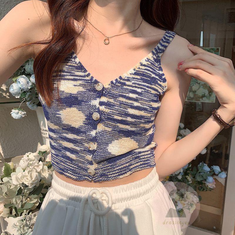 Áo Tank Top Hai Dây Dệt Kim In Họa Tiết Màu Nhuộm Cà Vạt Cá Tính Cho Nữ
