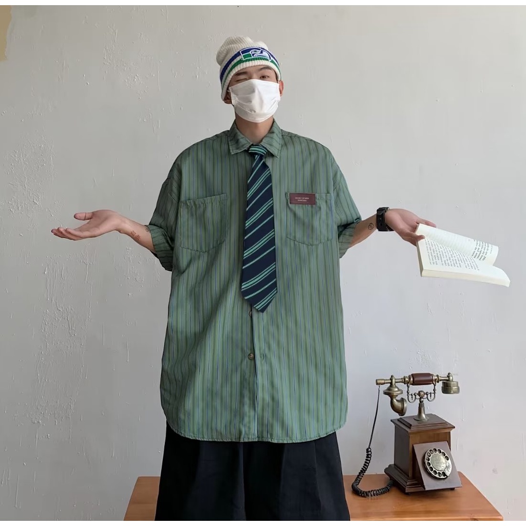 Áo Sơ Mi Tay Lửng Dáng Rộng Họa Tiết Kẻ Sọc Thời Trang Mùa Hè Cho Cặp Đôi
