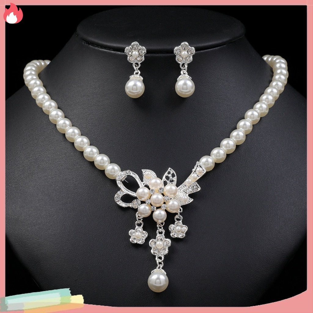 Bộ Vòng cổ + Bông Tai Chuỗi Ngọc Trai Trắng Đính Hoa Sang Trọng Cho Nữ