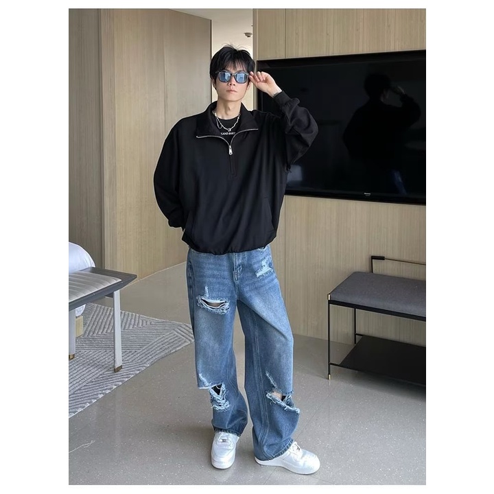 Quần jean nam rách gối unisex  from rộng Quần bò rách gối thời trang denim oversize quần baggy rách