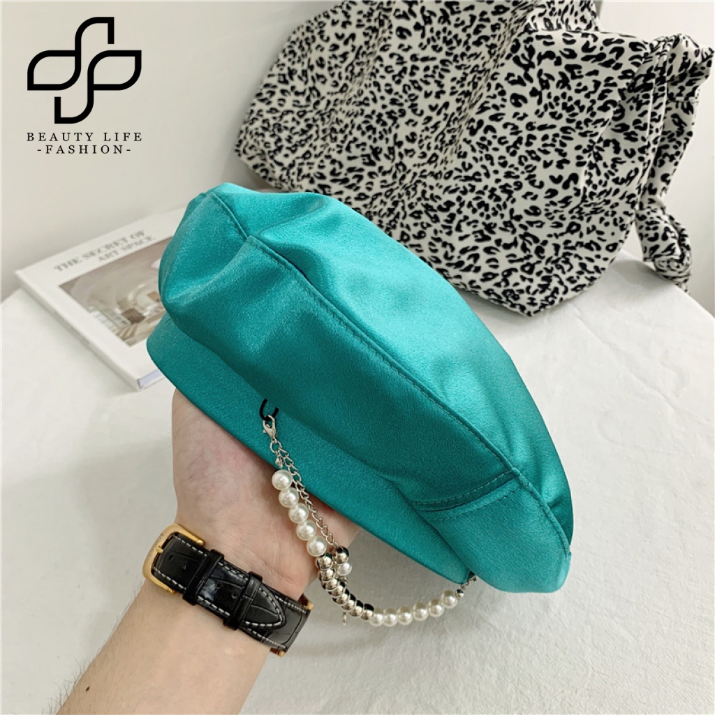 Nón Beret Không Vành Đính Ngọc Trai Giả Màu Trơn Thời Trang Cho Nữ