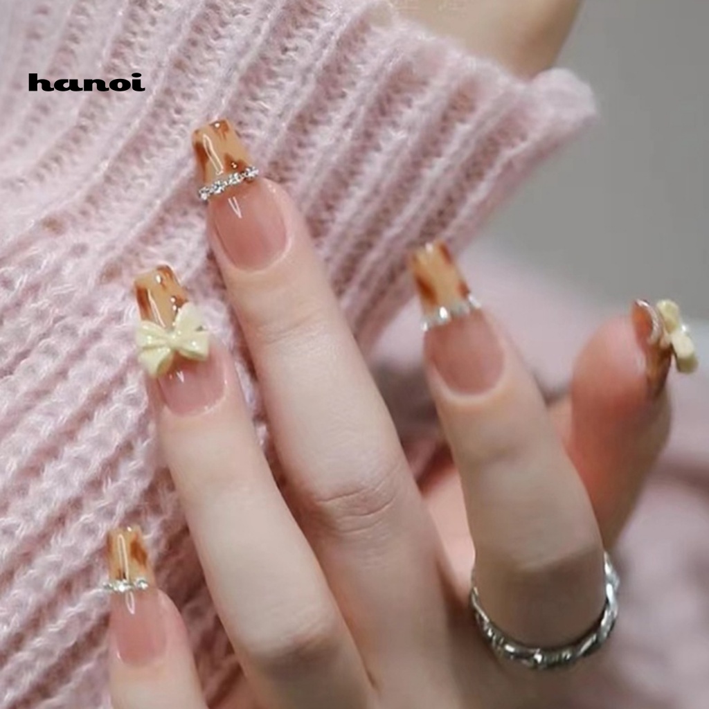 1 Bộ Móng Tay Giả Hình Nơ Da Báo Đính Đá Lấp Lánh Dễ Tẩy Trang Diy