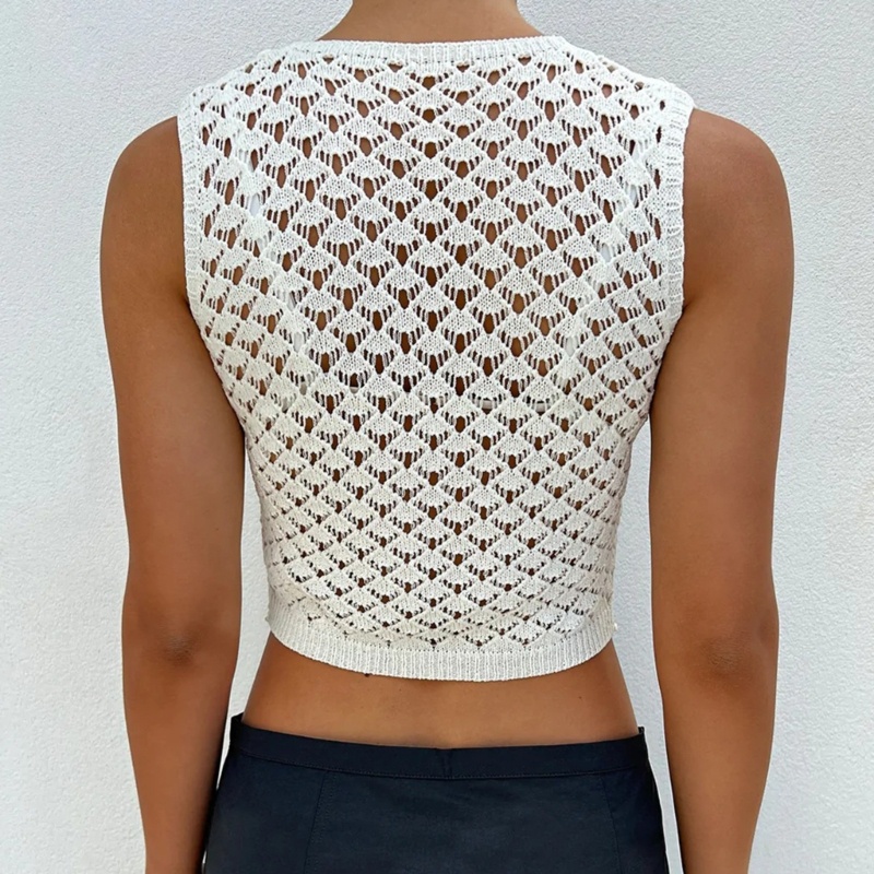 Xiangbao Áo Dệt Kim Không Tay Khoét Rỗng Y2K Màu Trơn Mặc Hàng Ngày Cho Nữ