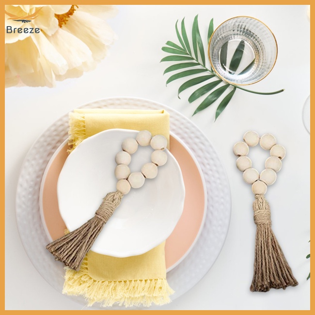 Set 12 Vòng Giữ Khăn Ăn Bằng Hạt Gỗ Tự Nhiên Kèm Tua Rua Để Bàn Trang Trí Nhà Cửa / Tiệc Cưới / Giáng
