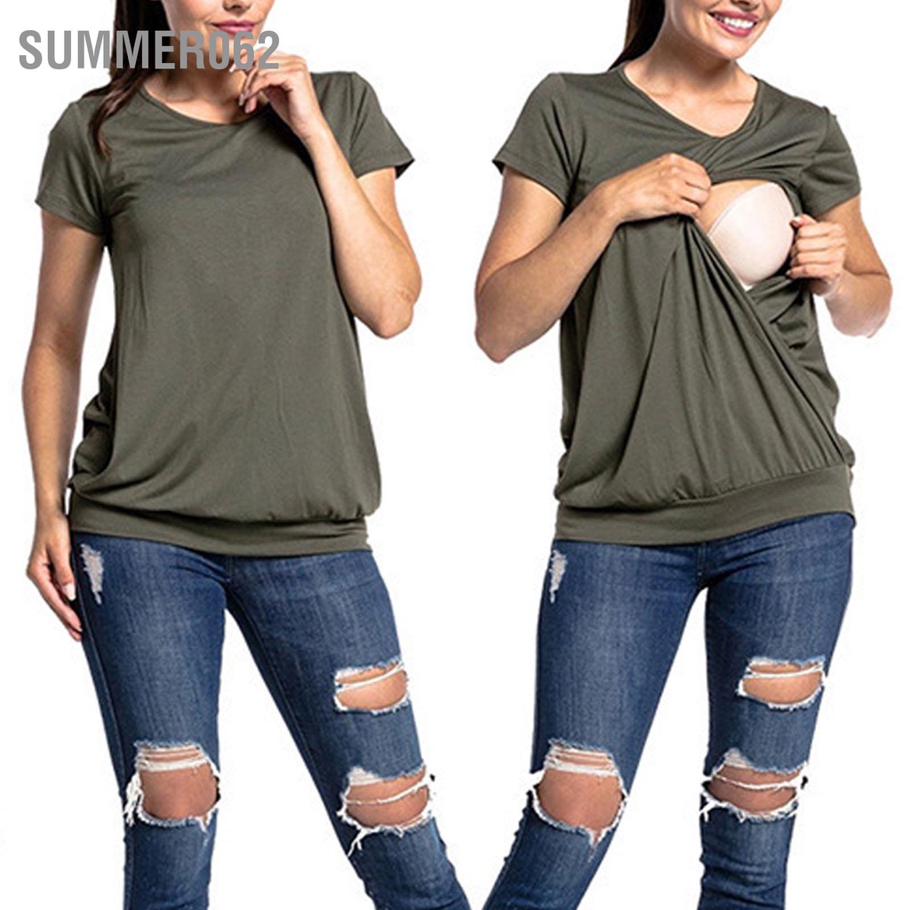 Summer062 Phụ Nữ Mang Thai Tay Ngắn Cổ Tròn Cho Con Bú Top OD Xanh Bộ Đồ Sau Sinh Áo