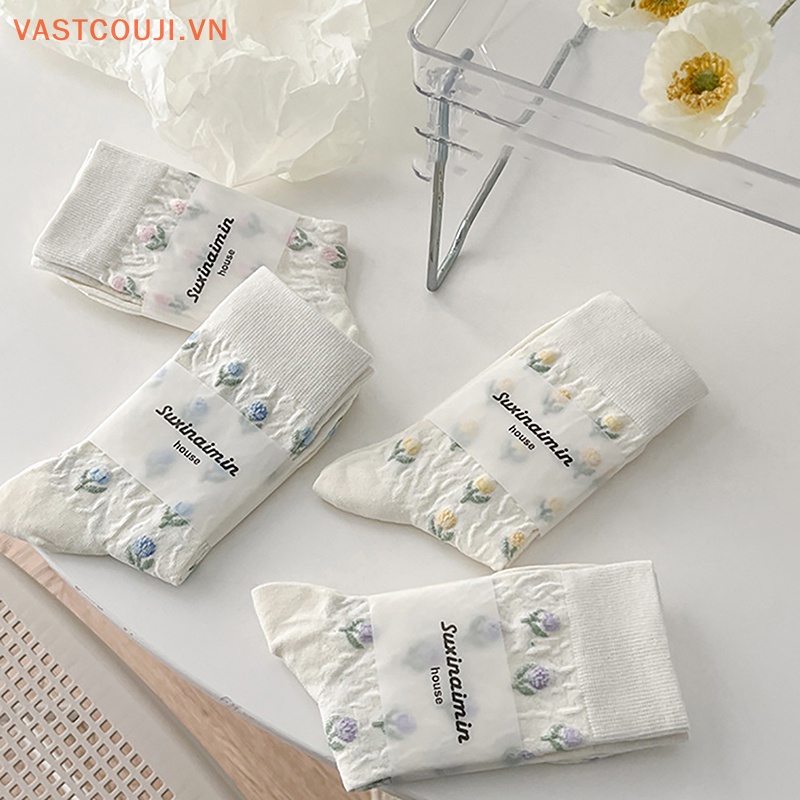 1 Đôi Tất Cotton Trắng In Hình Hoa Tulip Phong Cách Harajuku Nhật Bản Đáng Yêu Cho Nữ