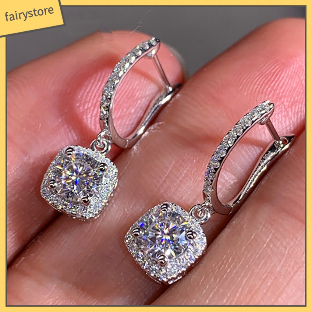 1 Đôi Bông Tai Hình Vuông Đính Đá Zircon Lấp Lánh Phong Cách Hàn Quốc