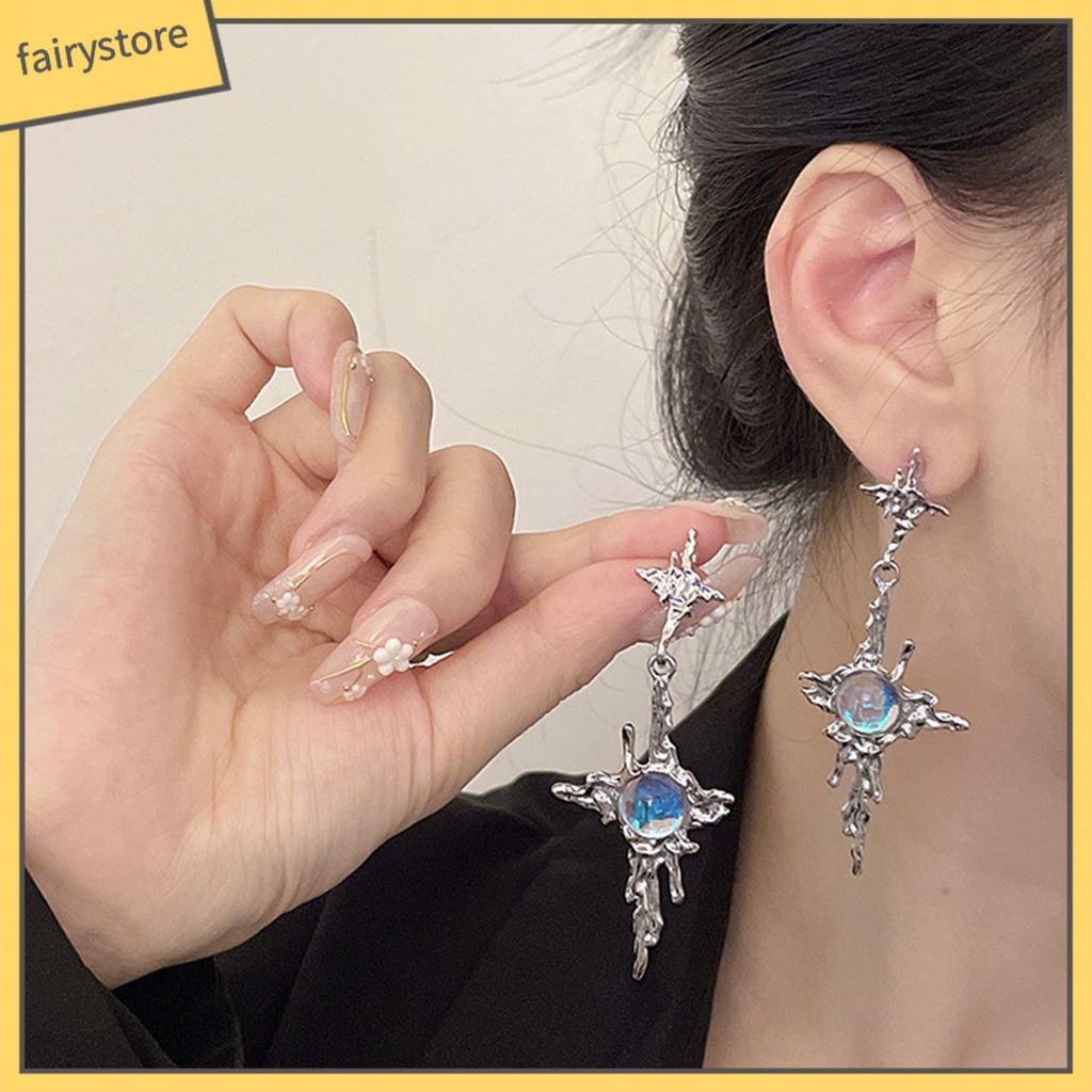 1 Đôi Bông Tai Dáng Dài Bằng Kim Loại Đính Đá Mặt Trăng Phong Cách Hip Hop Thời Trang Cho Nữ