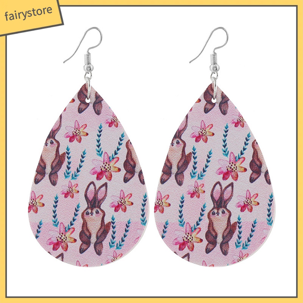 Bông Tai Giả Da Hình Giọt Nước Họa Tiết Thỏ Phục Sinh Dành Cho Nữ