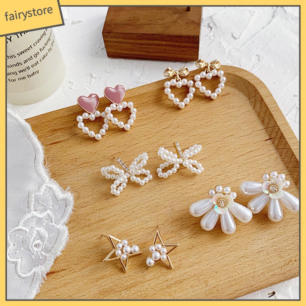 Khuyên Tai Hình Nơ / Bông Hoa / Trái Tim Đính Ngọc Trai Nhân Tạo Thời Trang Dành Cho Nữ