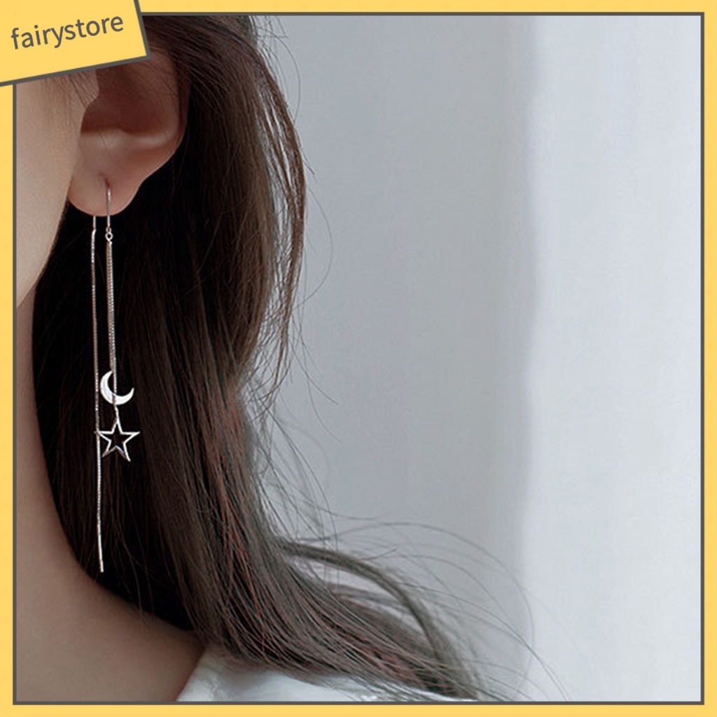 1 Đôi Bông Tai Bạc Dáng Dài Hình Ngôi Sao / Mặt Trăng Thời Trang Dành Cho Nữ