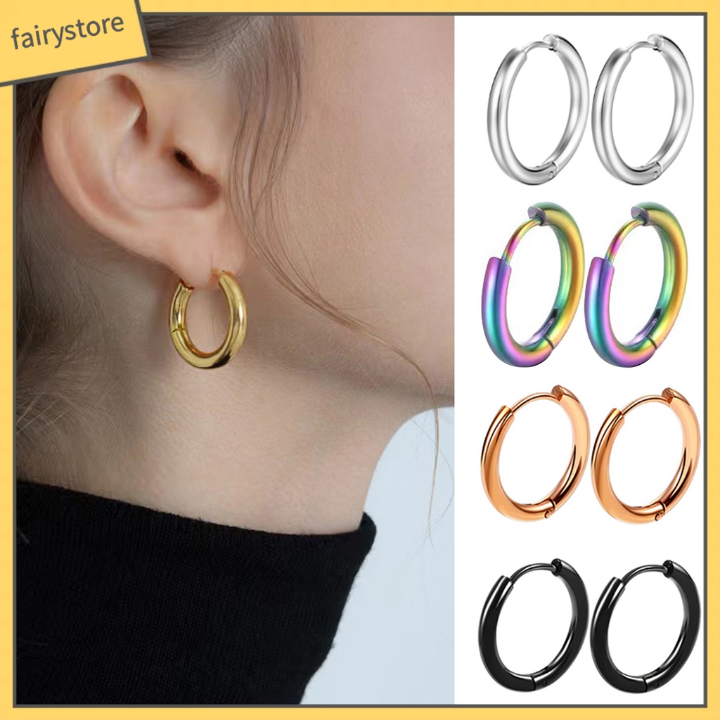 1 Đôi Bông Tai Tròn Bằng Thép Không Gỉ Màu Bạc Bóng Thanh Lịch Thời Trang